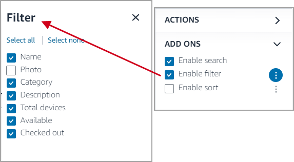 Image of Add ons showing Filter options